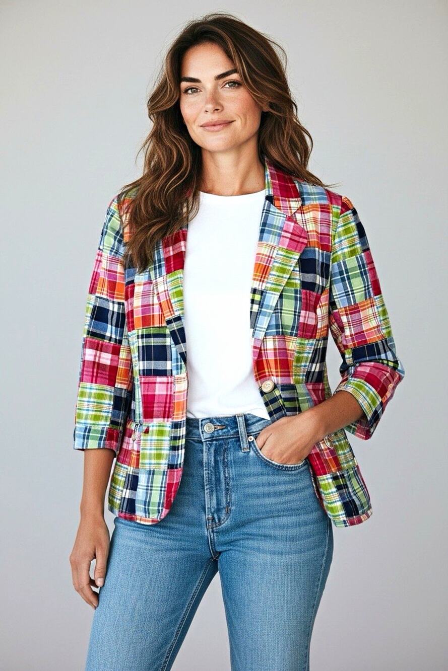 Vintage L.L. Bean Patchwork Madras Plaid Blazer Jacket 14